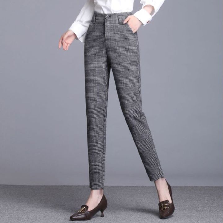 Women Plaid Ankle Length Pants Spring Autumn Summer Fashion Casual High  Waist Pencil Slim Trousers Formal Office Work Wear Black Grey