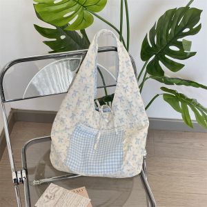 JEAWR ความจุขนาดใหญ่ กระเป๋าเสื้อกั๊กโบว์ นางฟ้า หวาน กระเป๋าสะพายลายตารางดอกไม้ ลำลอง การเดินทาง กระเป๋าผ้าแคนวาส ผู้หญิง