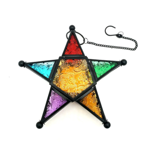 Moroccans Star Shape Iron Hanging Lanterns Holder with Colored Glass Panel for Indoor and Outdoor Home Garden Decoration