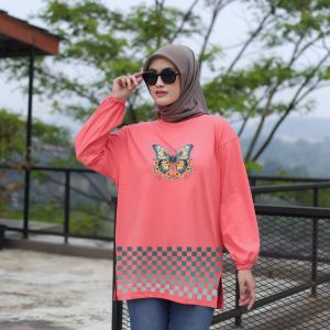 Forever Cloth Kaos Oversize Wanita Bahan Cotton Combed 24 Lengan Panjang Kerut Motif Gradasi Hijau