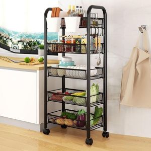 3 Tier Fruit and Vegetable Storage Basket for Kitchen - Stackable Metal Mesh Rack With Rolling Wheels - Black 3-Layer Storage Cart