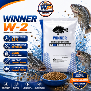 WINNER W-2 Premium Floating Fish Feed 20KG | Makanan Ikan Air Tawar 32% Protein | Pelet Terapung 2.0mm – 3.0mm