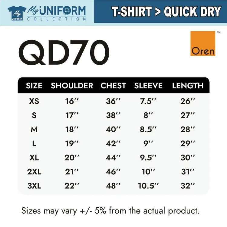 oren sport quick dry size chart