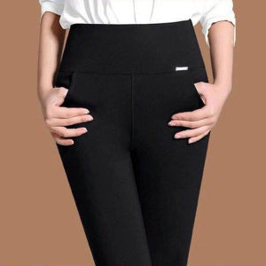 Womens Casual High Waisted Straight Leg Black Elastic Waist Womens Pants