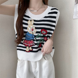 Missliu Fashion Womens Stripe Sleeveless Top Knitted Short Sleeve 2025 Summer New Korean U-neck Cartoon Rabbit Embroidered Loose Vest Top