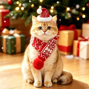 DITIPOO Sợi len ấm áp Khăn quàng cổ Giáng sinh cho chó Dây đai co giãn Dệt kim dày Áo giữ ấm mùa đông cho thú cưng Trang phục cho chó con dịp lễ Có thể giặt được Mũ ông già Noel hình mèo Tiệc thú cưng