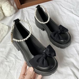 【Ready Stock】French soft soled Princess Mary Jane shoes White Pearl bow loafers Student show casual shoes