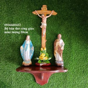 Bộ bàn thờ công giáo Mẹ Thánh 30cm màu trắng xanh Thánh giá Chúa 40cm kệ thờ gỗ 40cm bộ nhỏ vừa