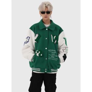Áo Khoác Màu Xanh Lá Áo Khoác Đồng Phục Bóng Chày Chặn Màu Mới Mùa Thu Cho Nam Và Nữ Áo Khoác Dáng Rộng Thường Ngày Cho Cặp Đôi