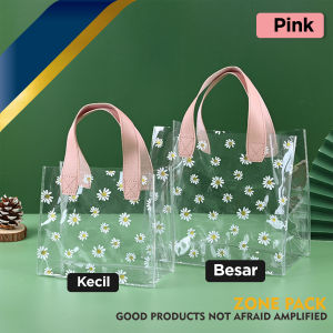 Tas PVC Motif Bunga Daisy | Totebag Mika Souvenir Transparan | Goodiebag Gift Bag Handle Leather | Tas hampers wedding bridesmaid | Tas PVC Daisy