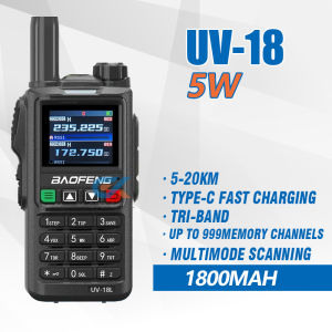 Baofeng UV-18 Walkie Talkie Long Range 20KM Tri-Band One Key Copy Frequency Two Way Radio 1800mAh 999CH Type-C Fast Charging