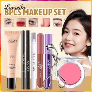 LAMEILA SVMY Long-Lasting Moisturizing Bb Cream+Natural Rose Blush+Pearlescent High-Gloss Pen+Waterproof Mascara+Black Eyebrow Pencil+Sweat Proof Eyeliner Pen+Velvet Lip Mud+Eyelash Curler Clip【8 PCS Multi Functional Makeup Combination】