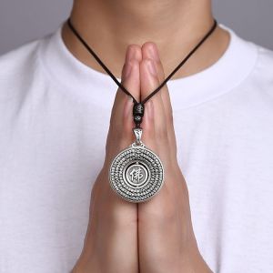 招财  Fortune Six Words of Truth Lotus Pendant Mens and Womens Imitation of Ancient Hollow Can Rotate Round Card Pendant Personality Gift 千叶泰银六字真言莲花吊坠男女款仿古镂空可转动圆牌挂坠个性礼物