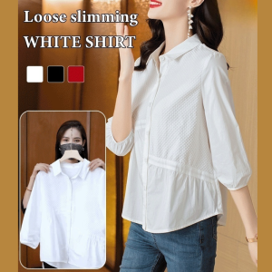 Womens early spring loose waffle temperament shirt sevenminute sleeve blouse Slim shirt