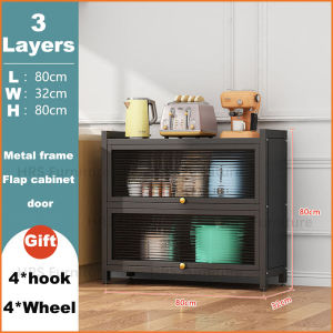 Black Carbon Steel Cabinet Shelf Microwave Shelf Kitchen Storage Shelf Grocery Shelf Cabinet Shelf with Door and Wheels