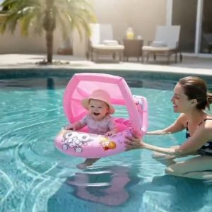 BIN LU Salbabida for Baby Inflatable Swimming Float with Removable Sunshade Canopy Sun Protection Kids Floater Boat Seat for Swimming Pool Beach Fun Accessories High Quality Thickened PVC Inflatable Life Buoy for Infants COD