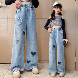 7-13yrs Pants for Kid Girls Jeans for Kid Girls Wide Leg Pants for Kid Girls High Waisted Loose and Breathable Korean Fashion Jeans 130-160cm