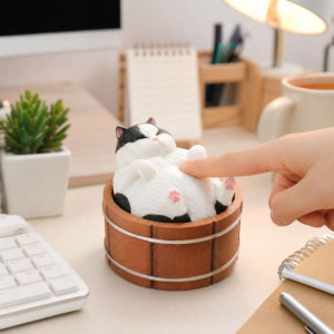 3D Printed Fat Cat Bathtub Wooden Bucket Decoration Decompression Clicker Modern Minimalist Style White Ceramic Cat Figurine