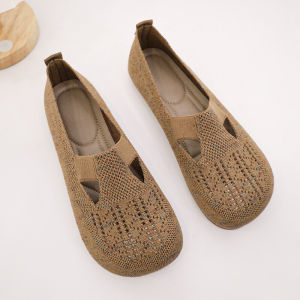 SLHJC Spring Summer Autumn New Knits T-Band Sneakers Women Flat Heel Non-slip Loafers Boat Shoes Wide Toe Breathable Flats Shoes Mother Daily Walking Shopping Work Shoes