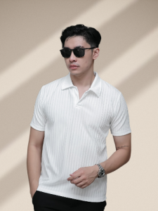 Korean polo shirt Kaos kerah pria lengan pendek sllimfit bahan Manggo knit motif salur Terbaru