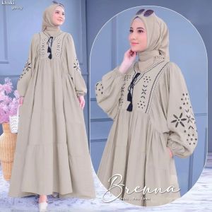 COD Brenna Dress Bordir Polo Linen Dress Wanita Terbaru 2025 Kekinian Gamis Kondangan Viral Murah