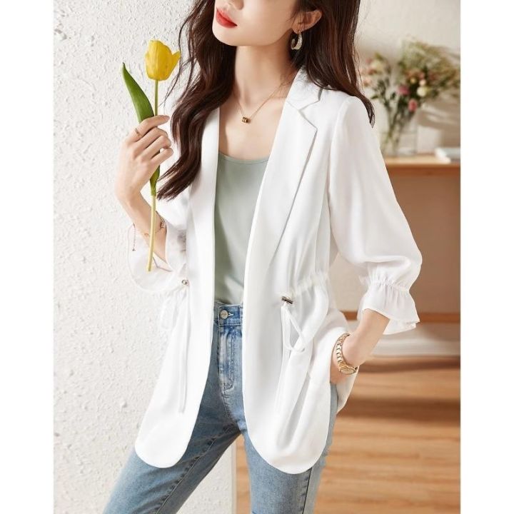 S-L Women Blazer Jacket Drawstring Chiffon Thin Loose Spring