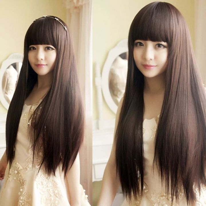 วิกผมยาวตรง หน้าม้า สไตล์สาวเกาหลี (สีดำ)