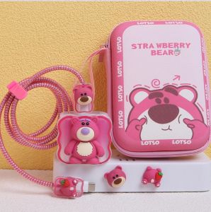 Charger Protector for iPhone Charger 18/20W USB C Cable Spring Line Wrap Protector Data Line Cord Organize Winding Wire Tie INS Soft TPU Cover 3D Cute Strawberry Bear