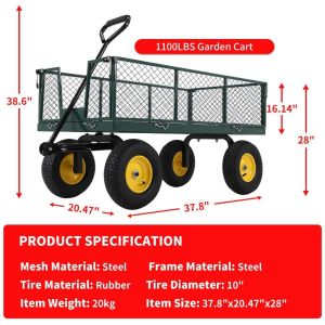 SATAS Heavy Duty Steel Garden Utility Cart Outdoor Flatbed Wagon Garden Cart with 4 Wheels