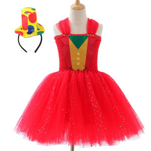 11.11 Halloween Role Play Circus Clown Red Unique Design Sparkly Tulle Tutu Dress With Hat Bow Headband Set For Kid Stage Performance h2610