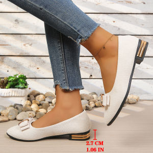 Free Shipping Plus-Size Casual Flat Shoes For Women Featuring A Fashionable Metal Bow Rhinestone Embellishments A Round Toe A Shallow Opening And A Low Heel