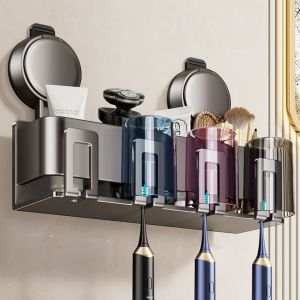 MECOME Punch-free Toothbrush Rack No Drilling Suction Cup Wall-mounted Bathroom Toothpaste Rack Multifunctional Space Saving Toothbrush Storage Rack Bathroom Household Shelf Accessories