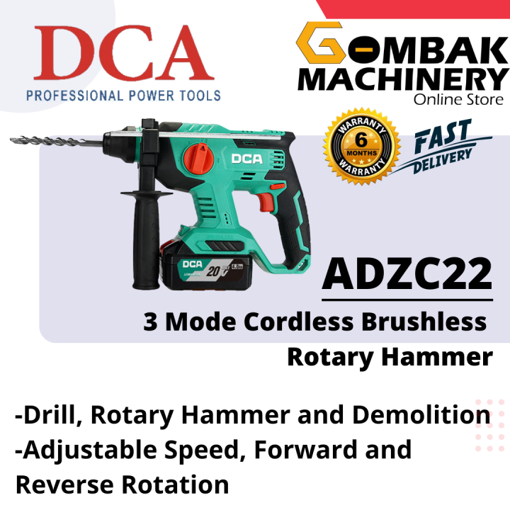 DCA ADZC22 20V 1400RPM 3 Mode Cordless Brushless Rotary Hammer C/W 2x4 ...