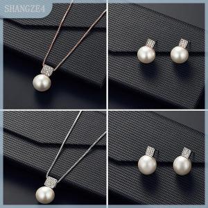 【SHANGZE4】 3Pcs Thời Trang Thanh Lịch Giả Ngọc Trai Thạch Hình Học Vòng Cổ Bông Tai Cho Phụ Nữ Cô Dâu Wedding Party Trang Sức Set Quà Tặng