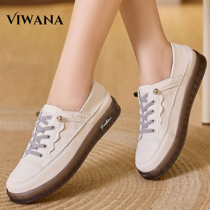 VIWANA Flat Sneakers Shoes Women Genuine Leather Casual Lace Up