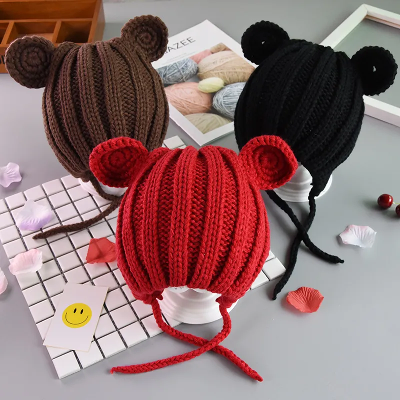 Junyeh Knitted Beanie Hat For Kids Children's Warm Woolen Earmuffs Hats  Baby Boys Girls Autumn Winter Baby Lace-up Handmade Caps