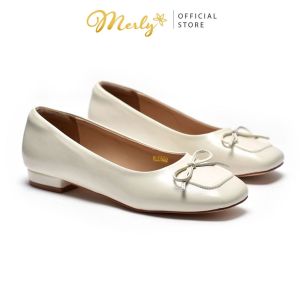 Giày Búp Bê Nữ Mũi Vuông Nơ Xinh Merly 1482 Trắng Kem Giày Búp Bê Size Lớn Giày Bít Mũi Nữ Giày Công Sở Nữ