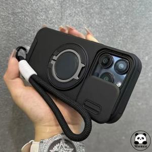 Armor Magnetic Bracket Case for iPhone 17 16 14 13 12 11 15 Pro Max Plus With Lanyard Slide Camera Protection Shockproof Phone Case Cover