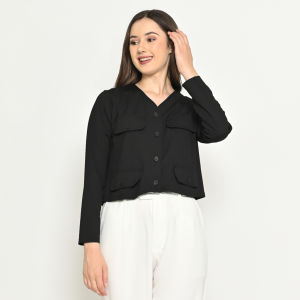 QUEENTIN Cardigan Crop V Neck Wanita 0435 Stretch Brickwork Vertical Knit Polos Lengan Panjang