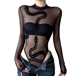 Womens Mesh Long Sleeve Bodysuit Round Neck Sheer Leotards Clothing Snake Bodysuit Top with Snap Crotch Clubwear Gifts
