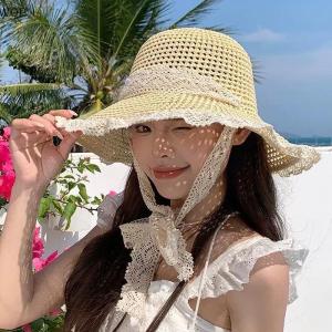 [WQP Fashion Store] COD Jewerry Women Lace Visors Hat Wide Large Brim Beach Hats Summer Straw Hat Foldable Sun Hat Fashion Beach UV Protection Cap