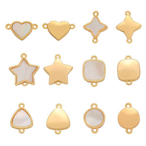 1pc Fashion Cute Round Heart Butterfly Star Moon Charms 18K Gold Plated Brass Base with Natural Mop Shell Charms Pendant Connector for DIY Necklace Bracelet Jewelry Making