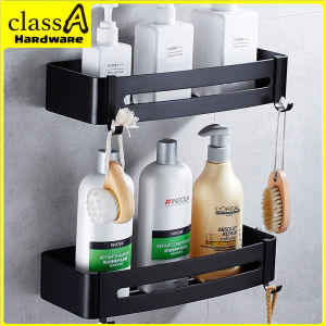 ClassAHW Black Rectangle Triangle Storage Stainless Steel Shelf Rack Bathroom Wall Mounted Shampoo Shower Rak Hitam