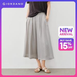 Giordano Women Half elastic waist pleated cropped pants Free Shipping 18426607