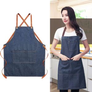 HENLI Dirt-resistant Cross Back Denim Apron with Pocket Wear-resistant Studio Work Clothes Washable  Painting Apron Bartenders