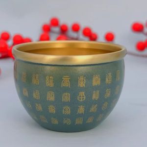 招财祈福百福缸彩釉招财进宝黄铜米缸百福缸复古轻奢彩绘缸聚宝盆办公室古风摆件Calling for Wealth and Praying for Blessings Baifu Jar Colored Glaze Calling for Wealth and Treasures Brass Rice Jar Baifu Jar Vintage Light Luxury Colored Painting Jar Treasure Bowl Office Antique Ornaments