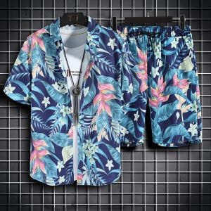 The new INS popular mens and womens suits short-sleeved shirts and drawstring shorts Hawaiian print floral mens clothes travel and vacation beach casual beach shirt tops