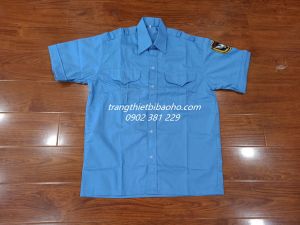 Áo bảo vệ màu xanh dương kèm logo tay - vải kate thấm hút mồ hôi