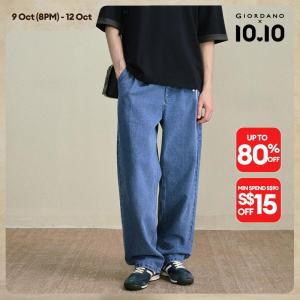 Giordano Men Pleated mid rise loose washed denim jeans Free Shipping 18116203