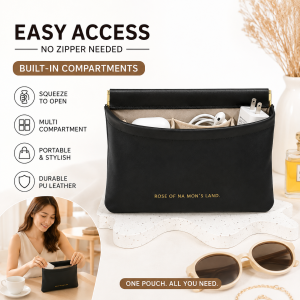 PU Leather Flex Frame Pouch Squeeze Open Multi Compartment Cable Earphone Charger Organizer No Zipper Travel Makeup Coin Storage Bag for Women S L Black White